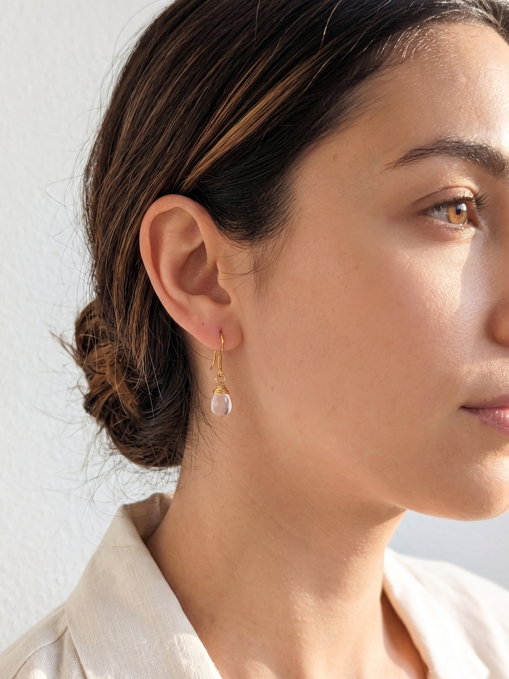 uyam - Rose Quartz Almond Drop wire wrapped Earrings