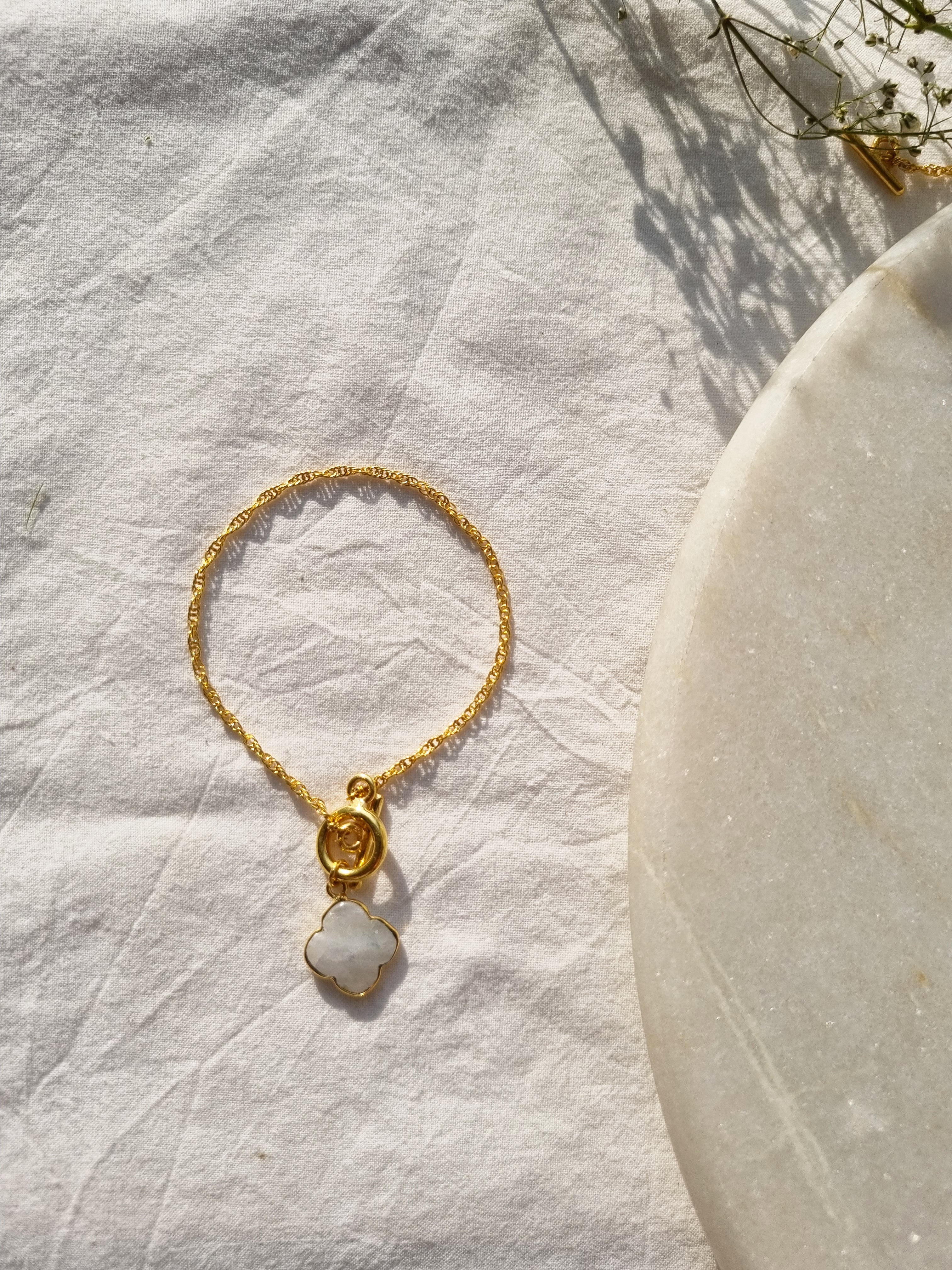 kasana- Rainbow Moonstone Clover Toggle Bracelet