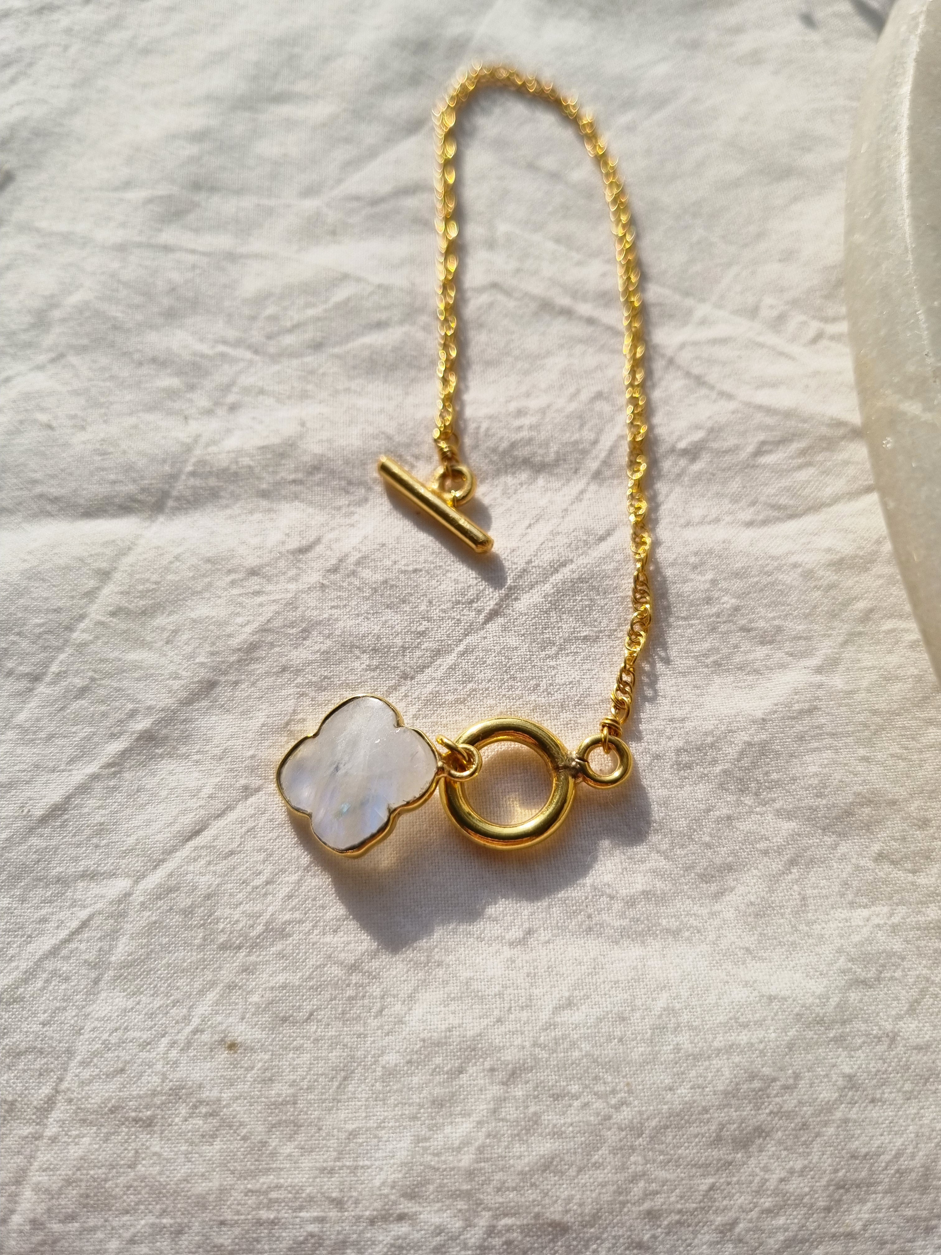 kasana- Rainbow Moonstone Clover Toggle Bracelet