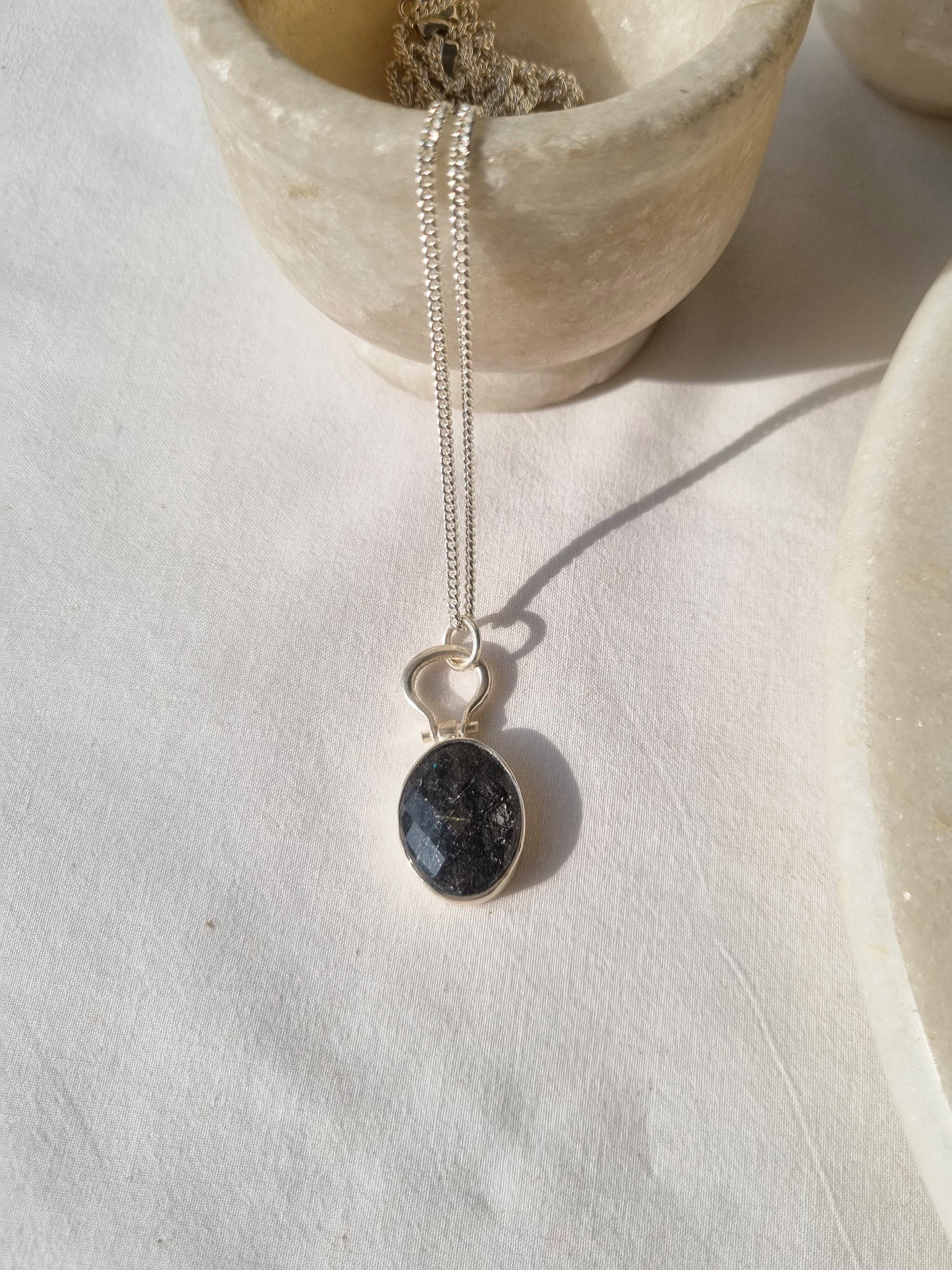 kirata - Black Rutilated Quartz Oval Keyhole Pendant