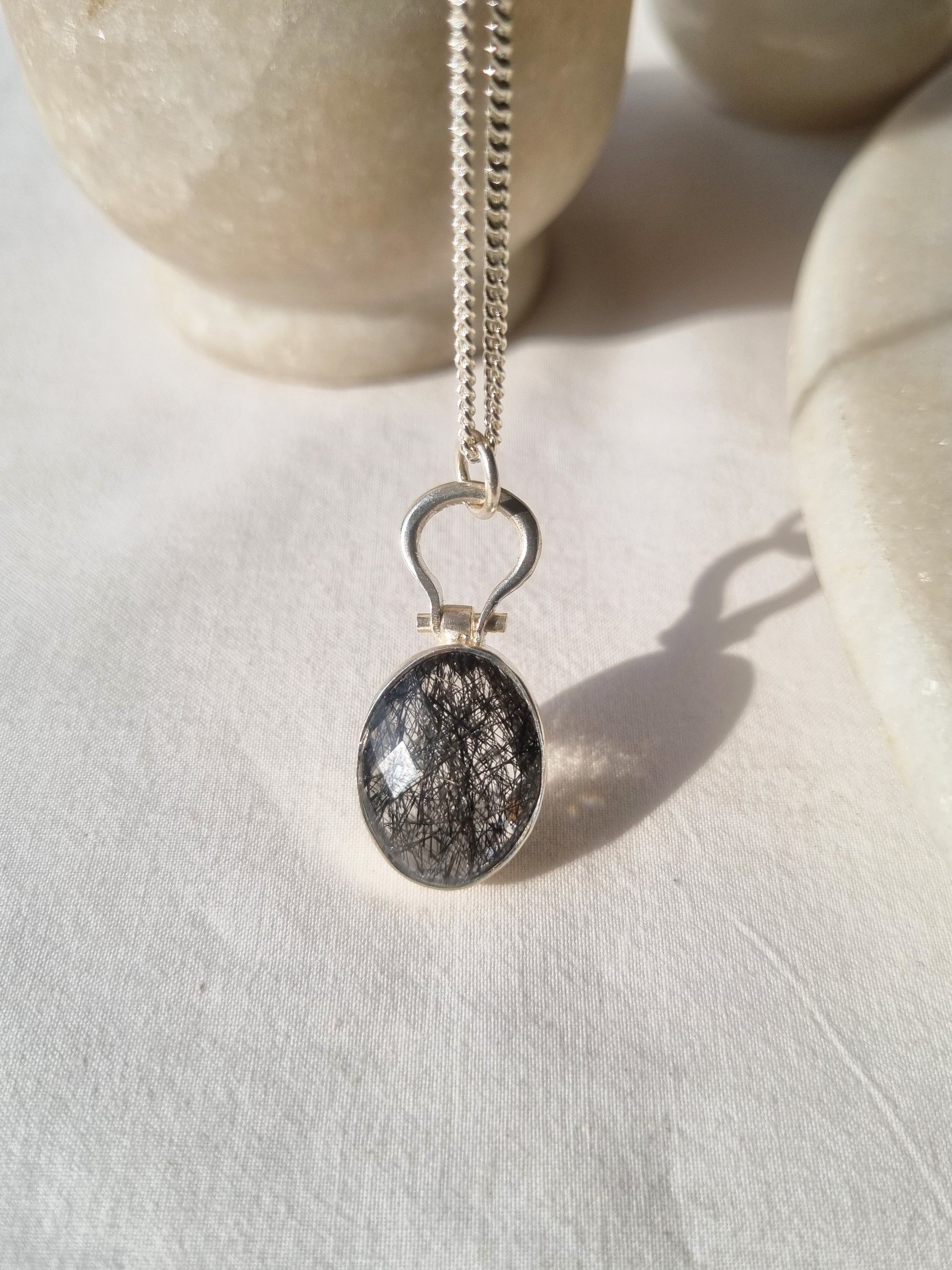kirata - Black Rutilated Quartz Oval Keyhole Pendant