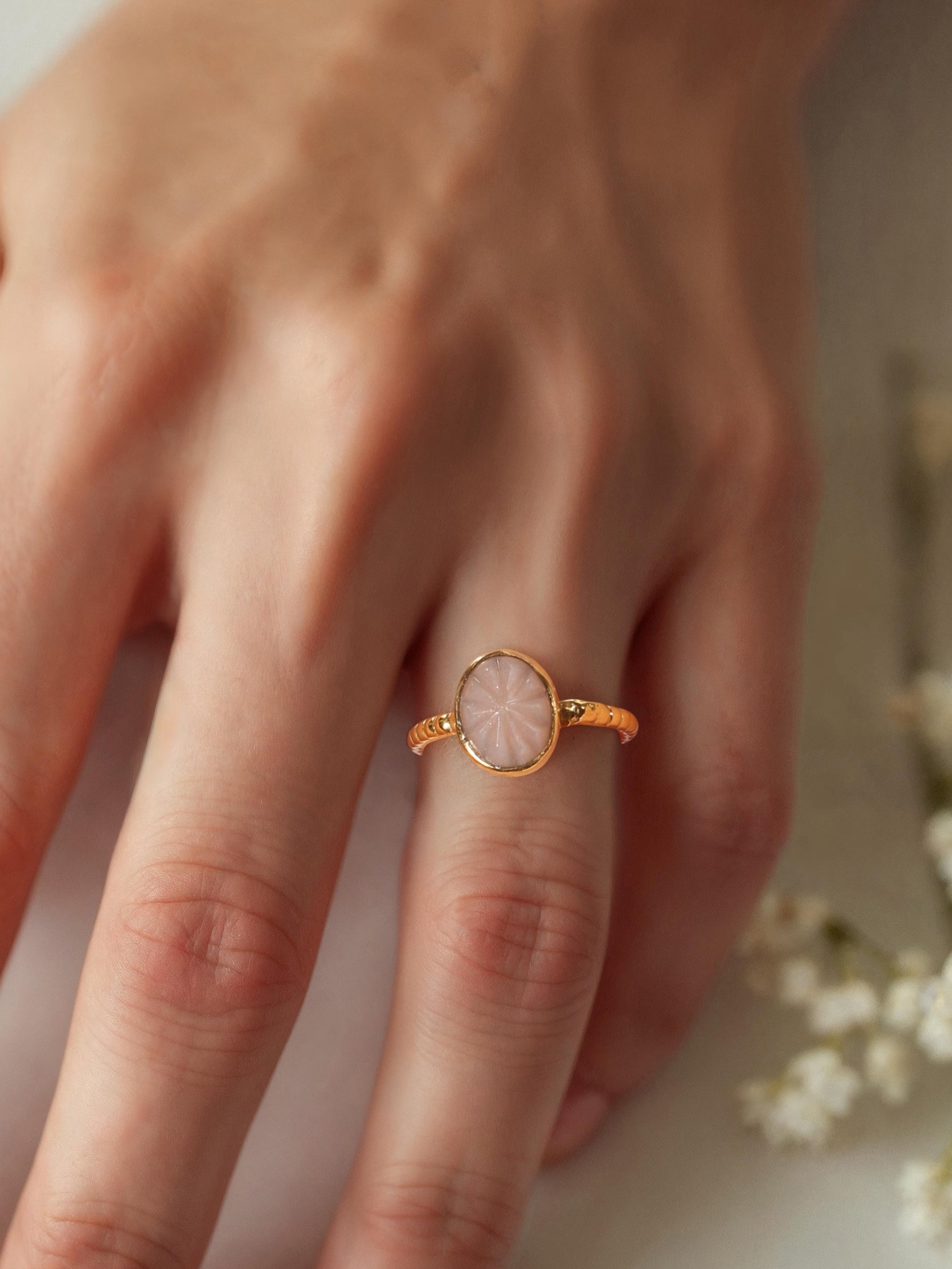 agam- Peach Moonstone Oval Melon Ring