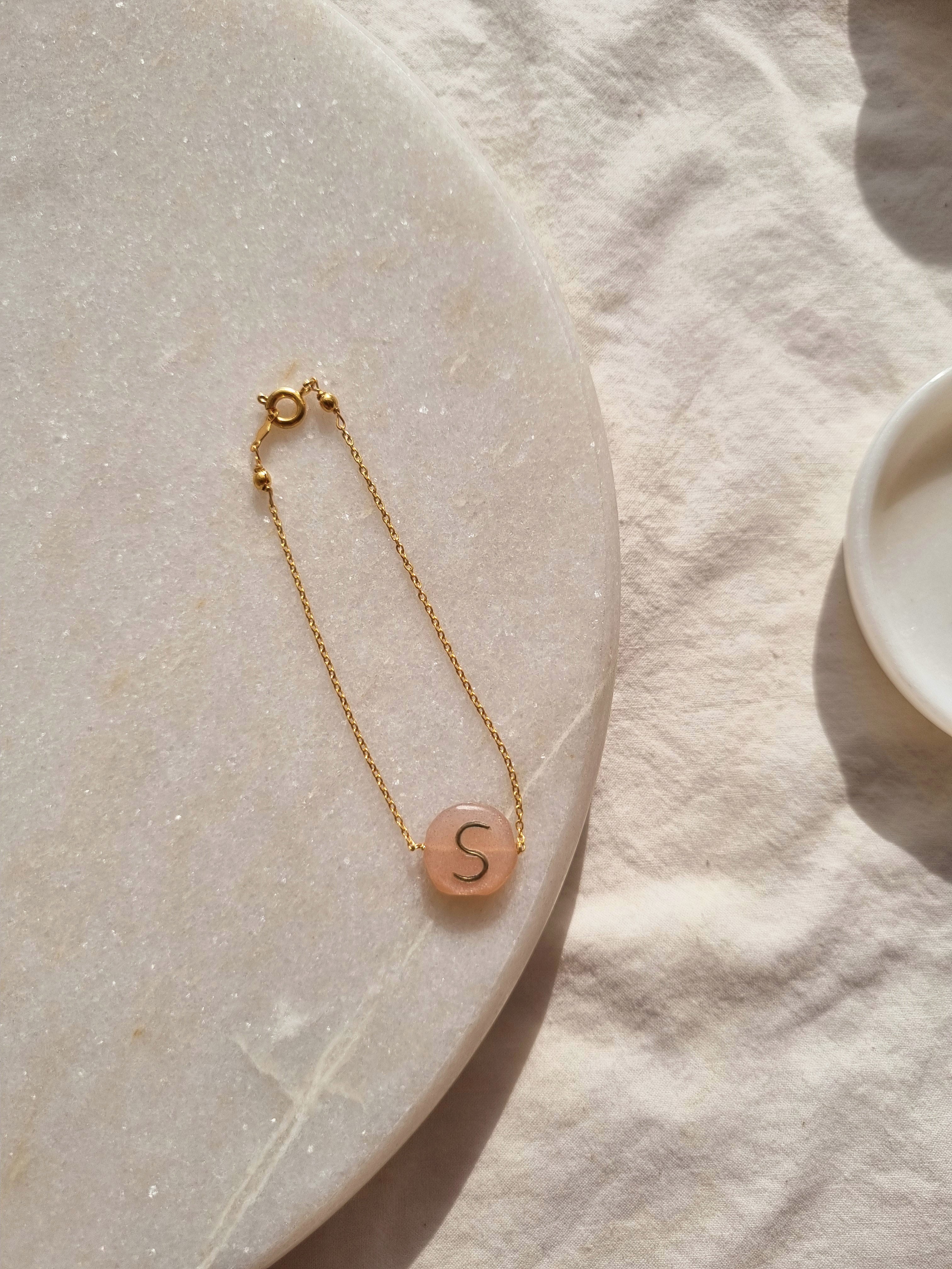 medaya - Peach Moonstone Pebble with Embossed Initial Bracelet