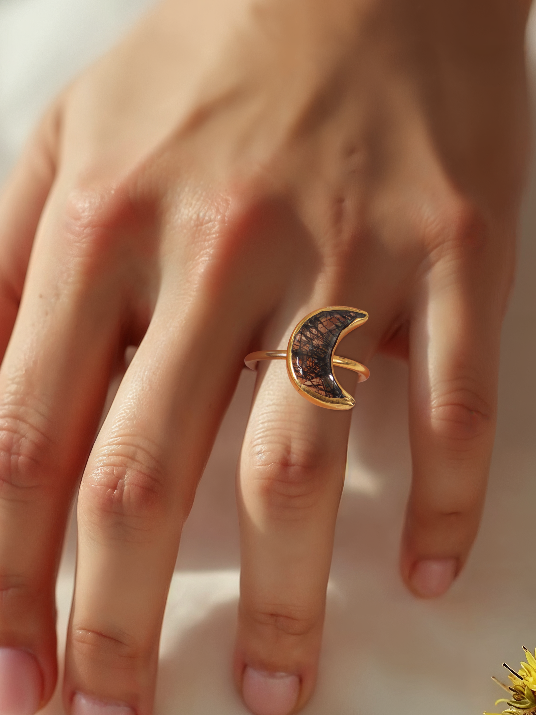 chandra - Black Rutilated Quartz Luna Ring