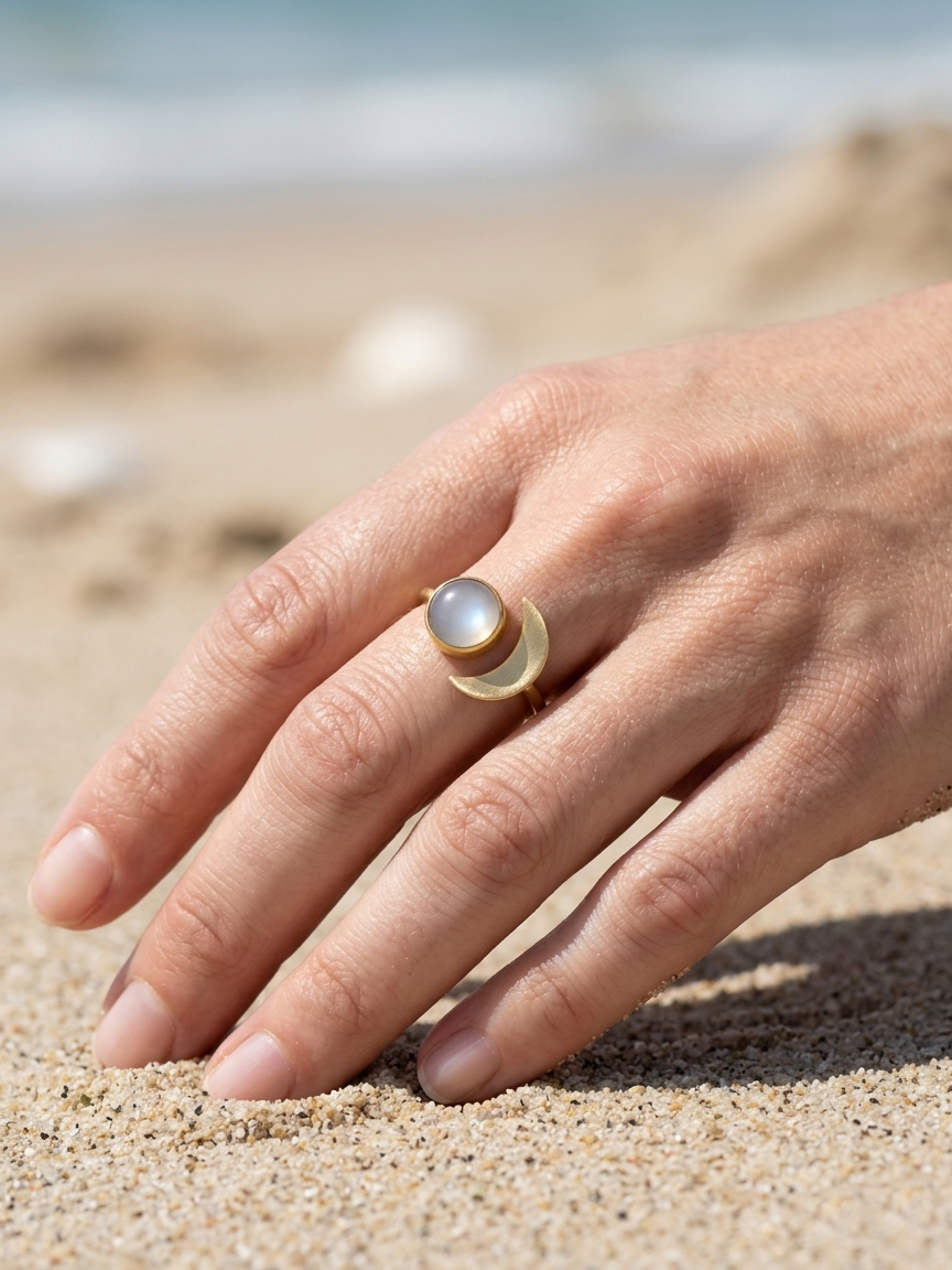 ika - White Moonstone Sun n Moon Ring