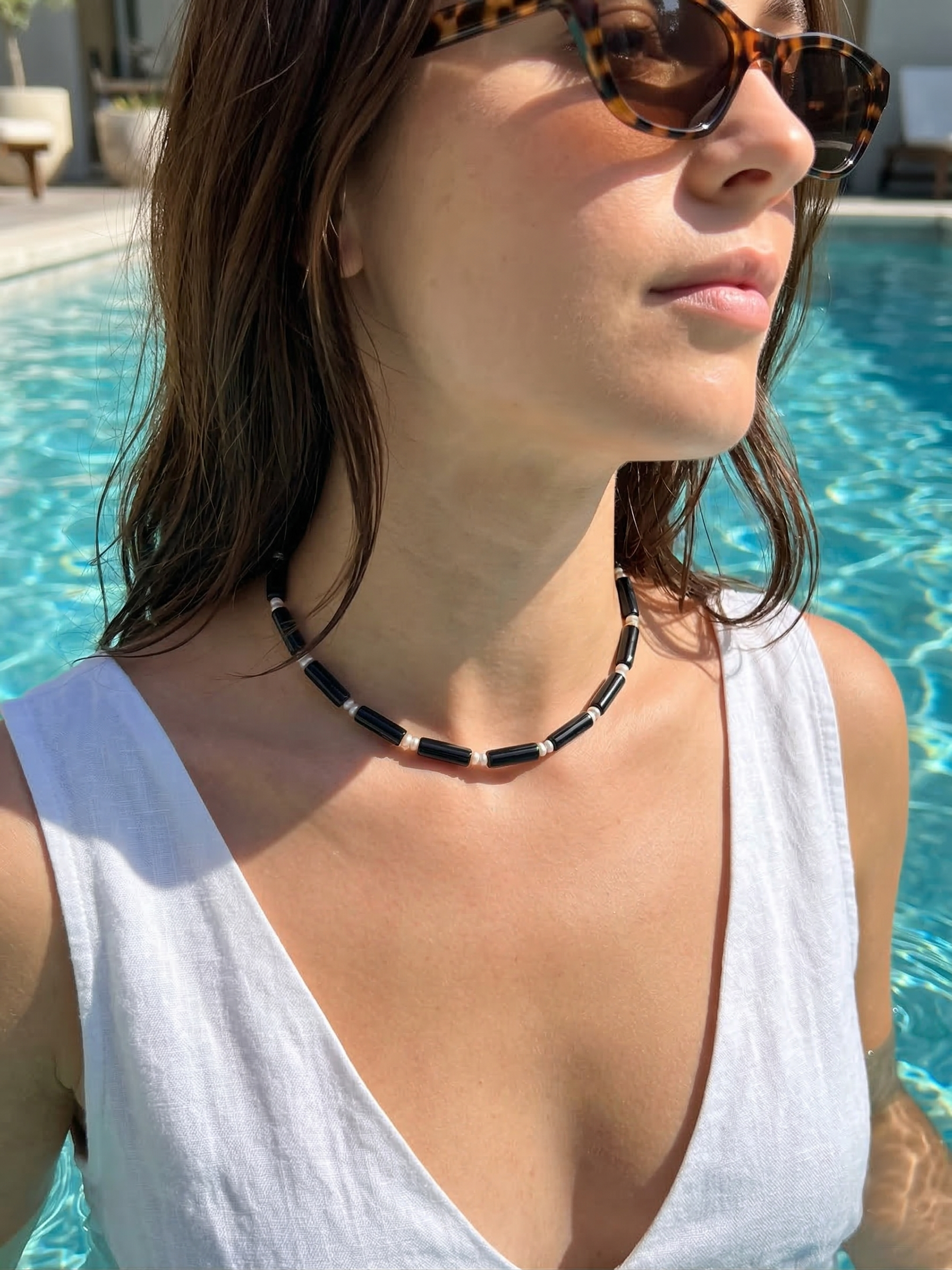 miha - Black Onyx Tube Pearl Choker