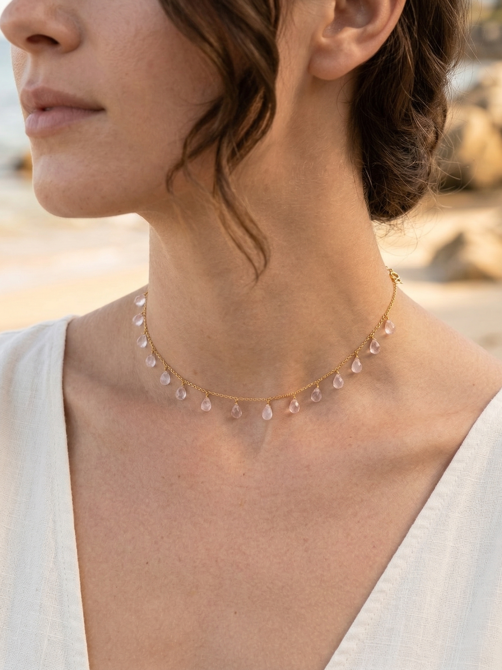 visna - Rose Quartz Tear shaped Drop Choker