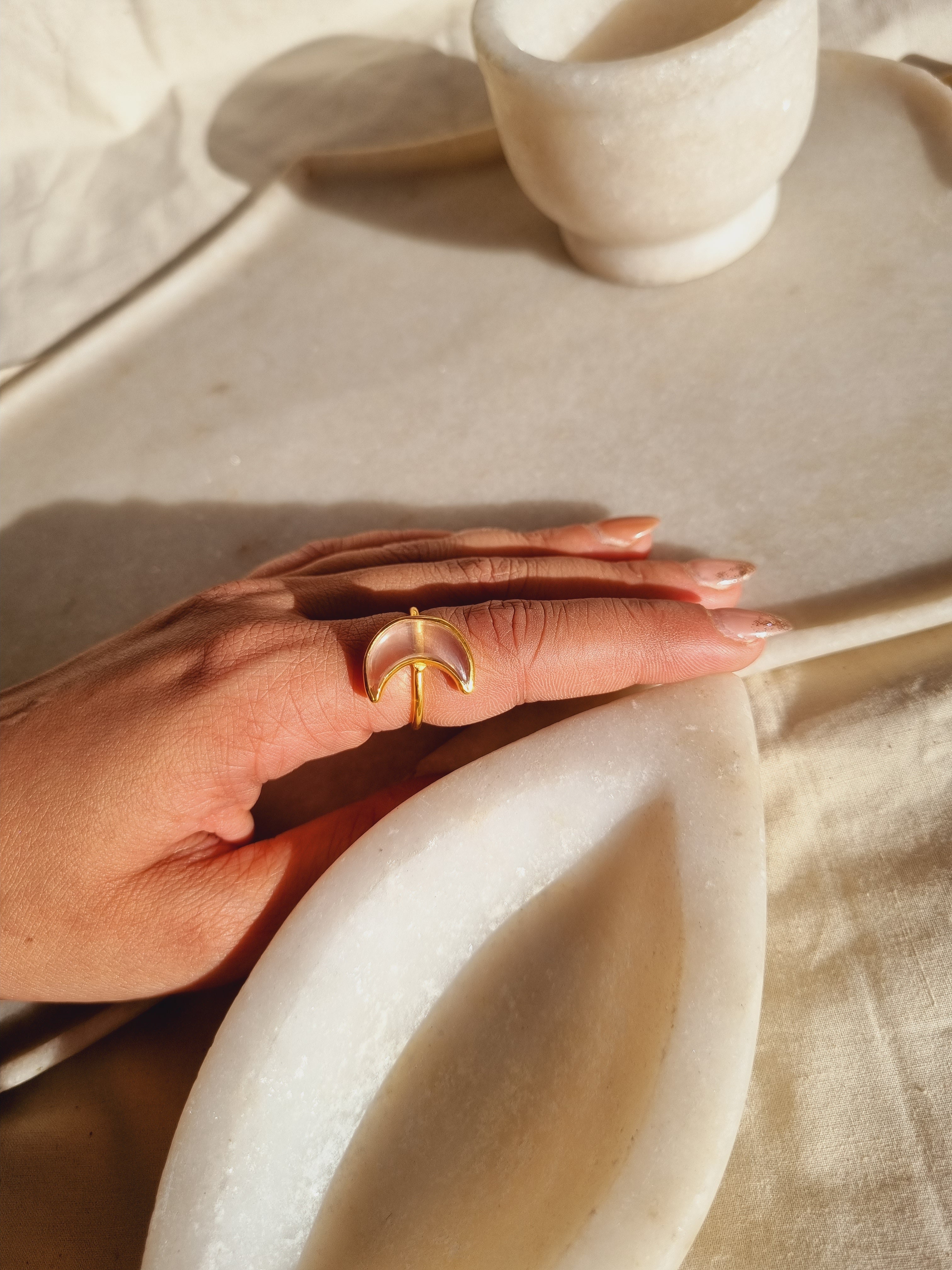 chandra - Rose Quartz Luna Ring