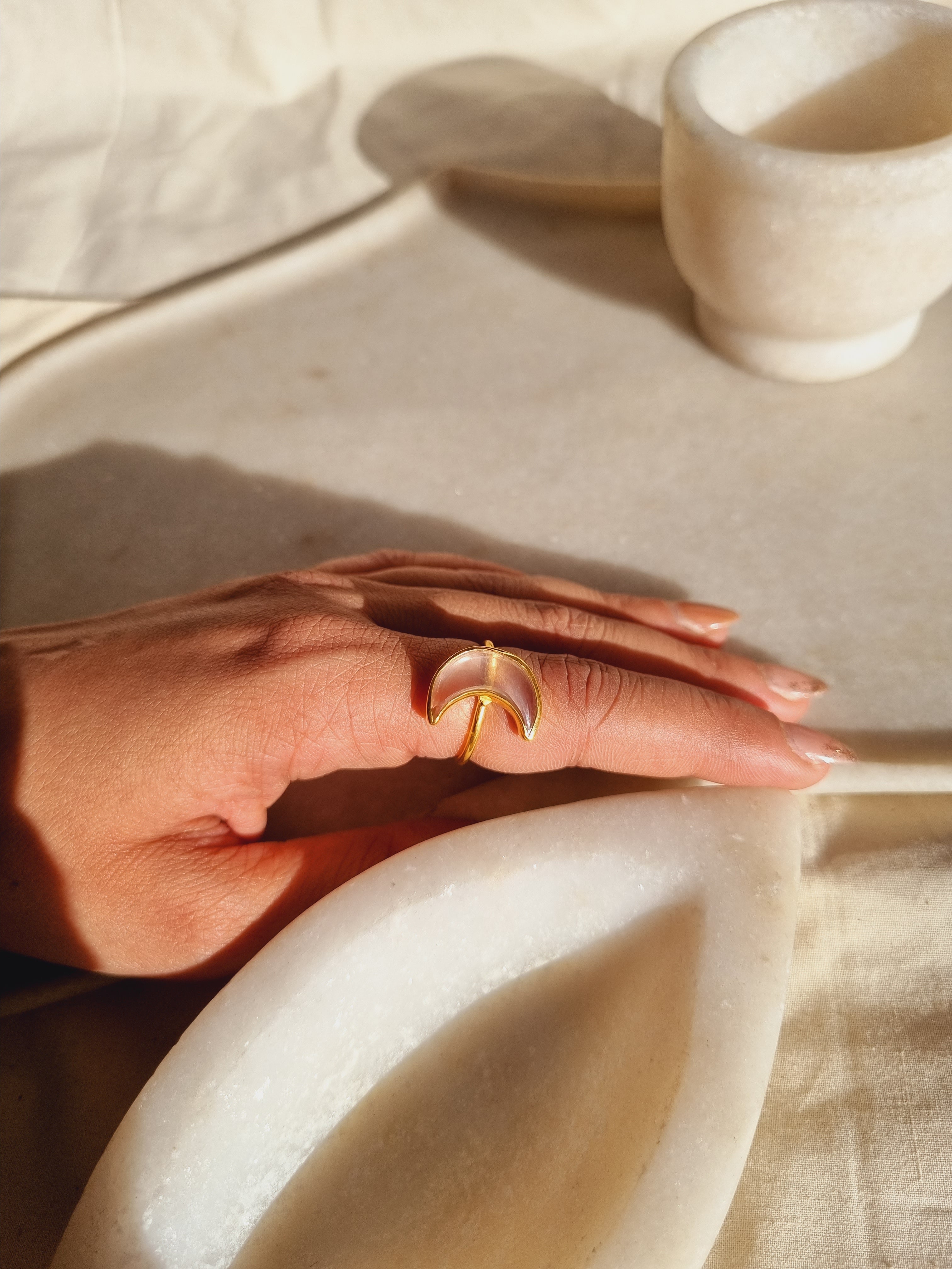 chandra - Rose Quartz Luna Ring