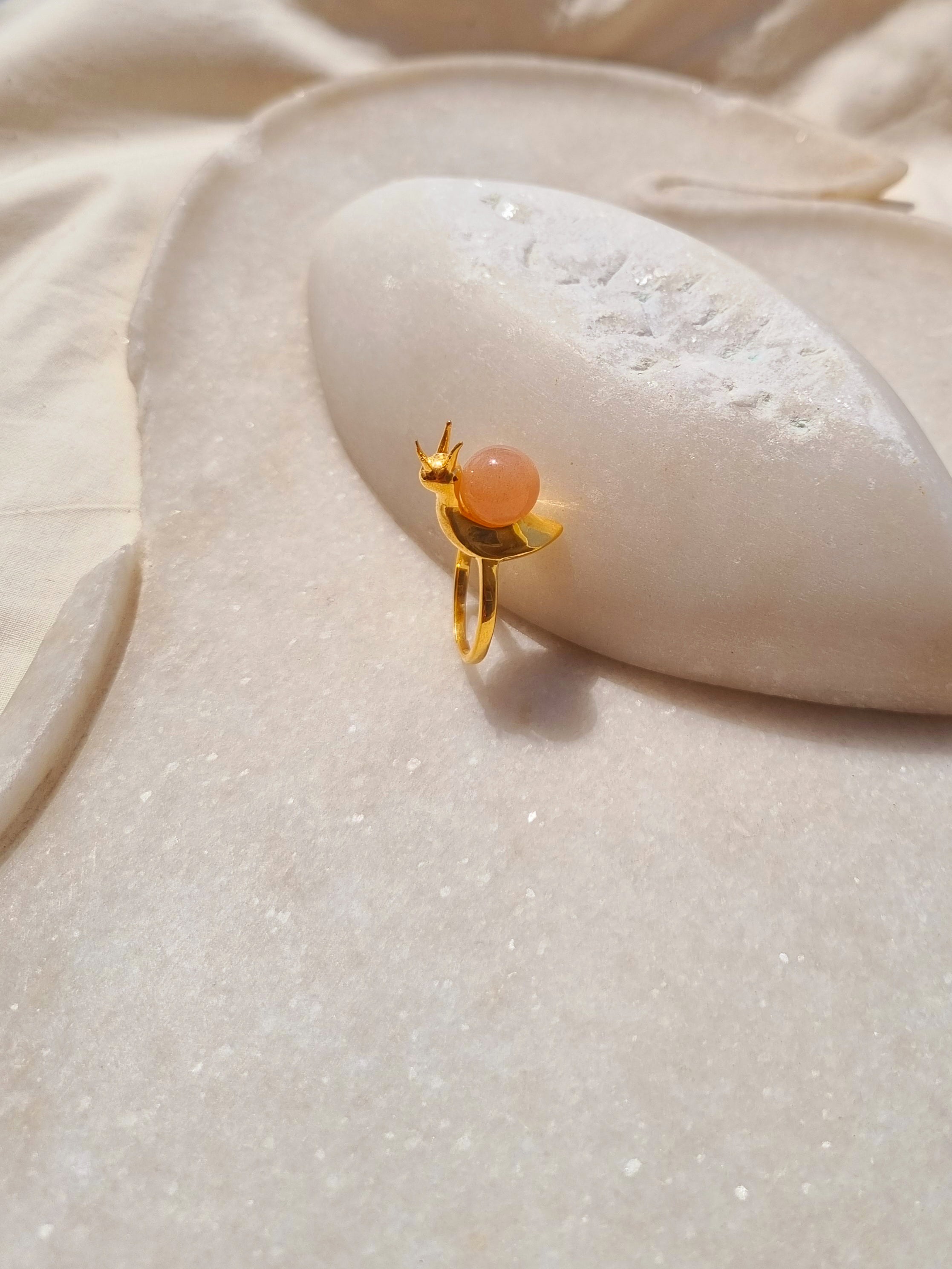 snail - Peach Moonstone Ring