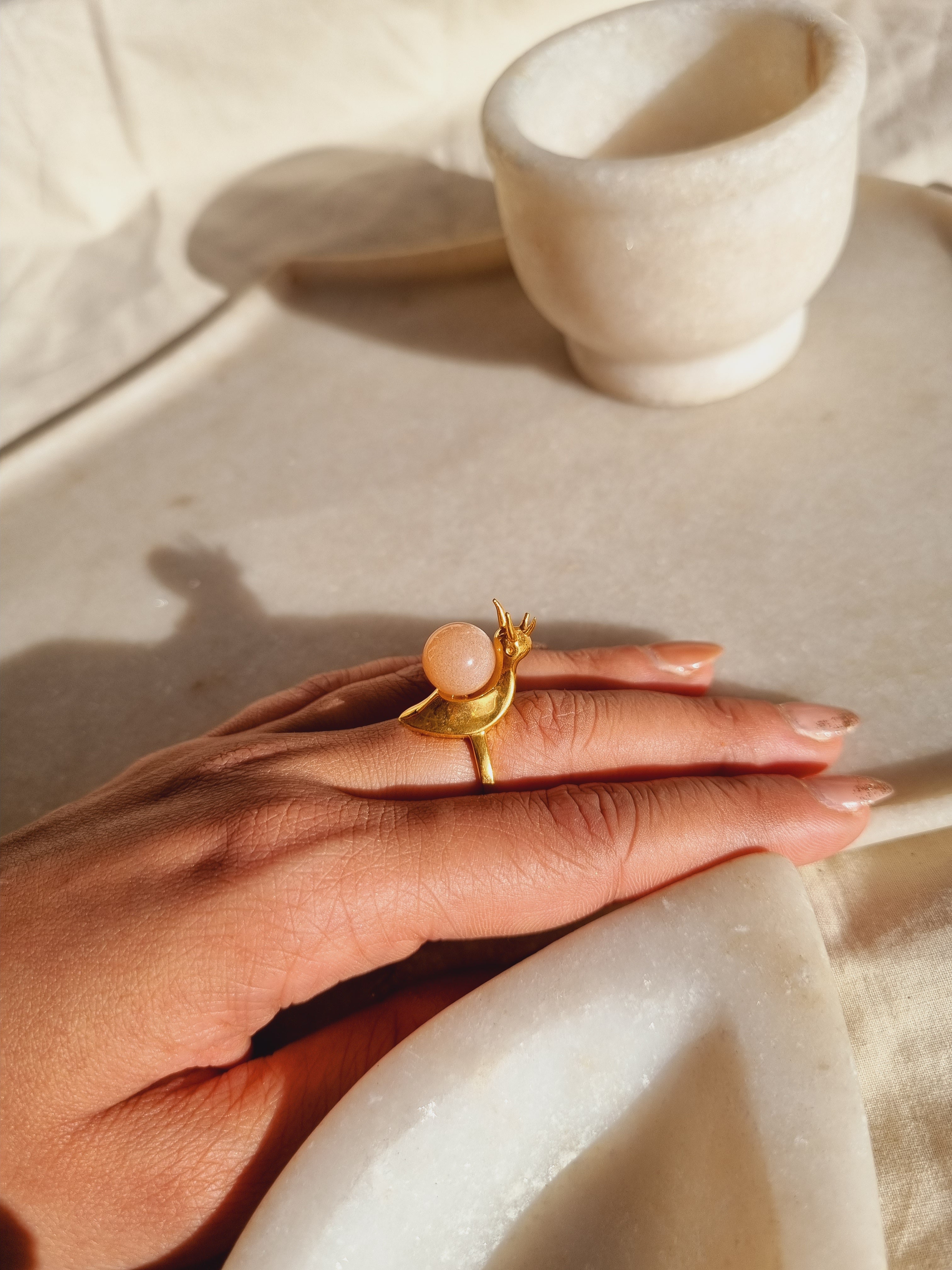 snail - Peach Moonstone Ring