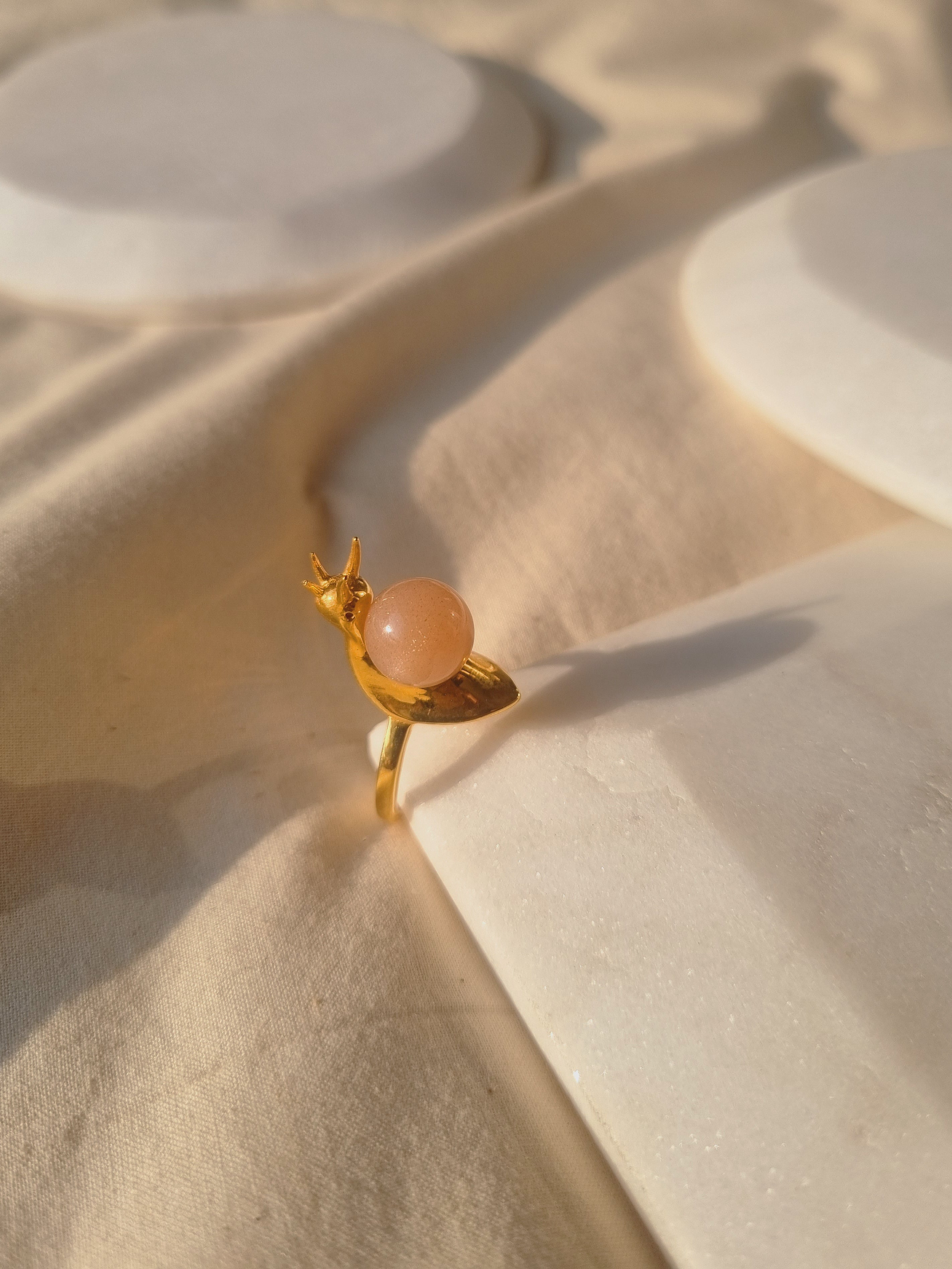 snail - Peach Moonstone Ring