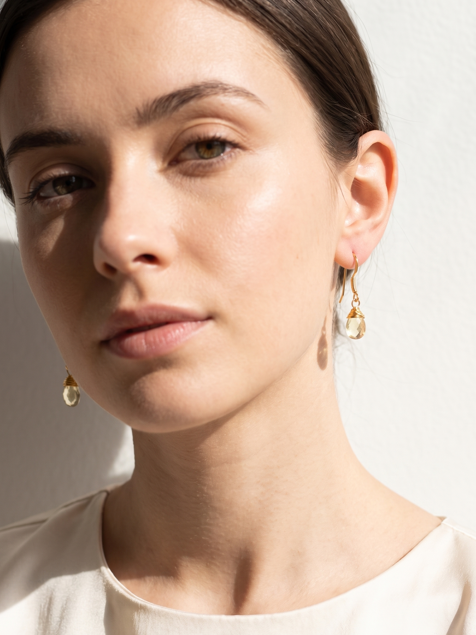 uyam - Lemon Quartz Almond Drop wire wrapped Earrings