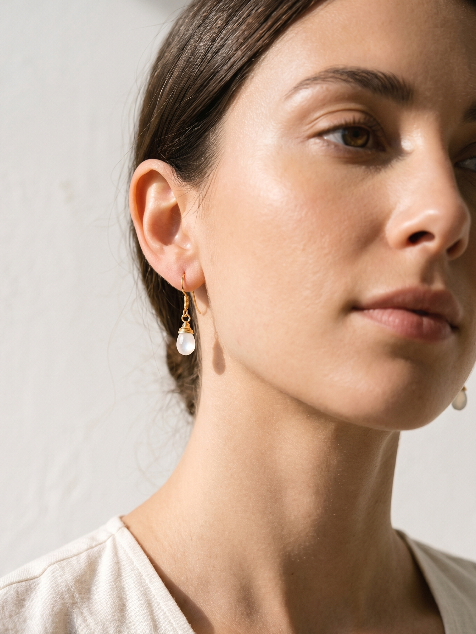 uyam - White Moonstone Almond Drop wire wrapped Earrings