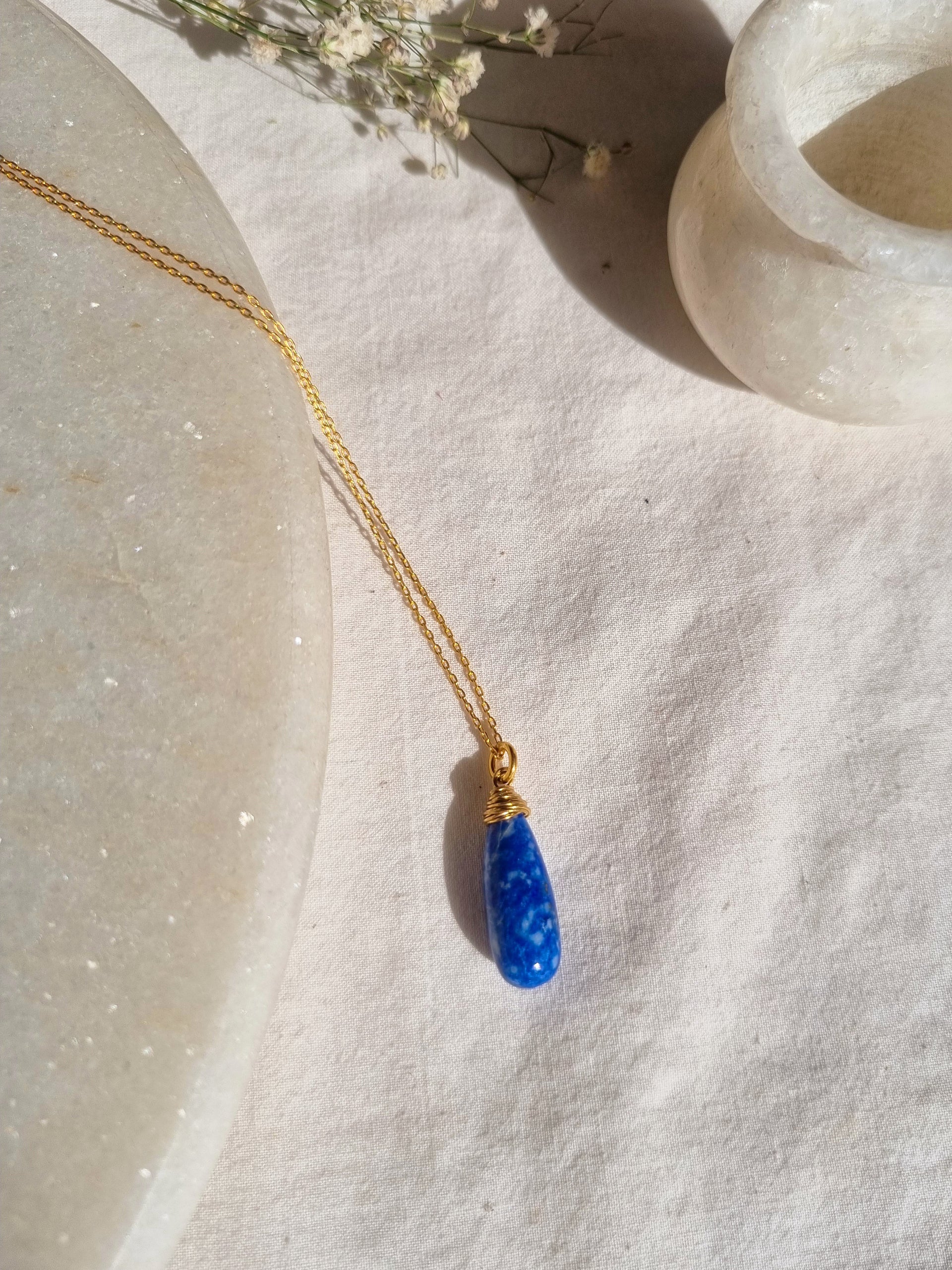 arkar Lapis Lazuli Long Teardrop Pendant 14kt Gold Plated on Brass 16  inches