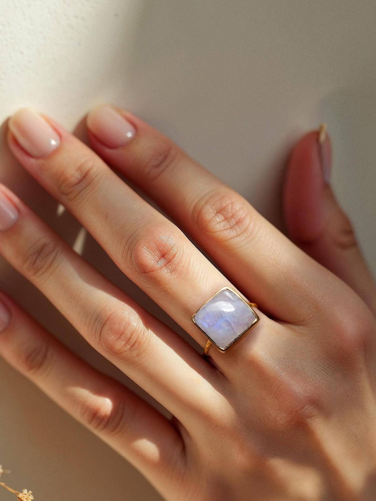 Rainbow Moonstone square adjustable ring for women gold plated brass