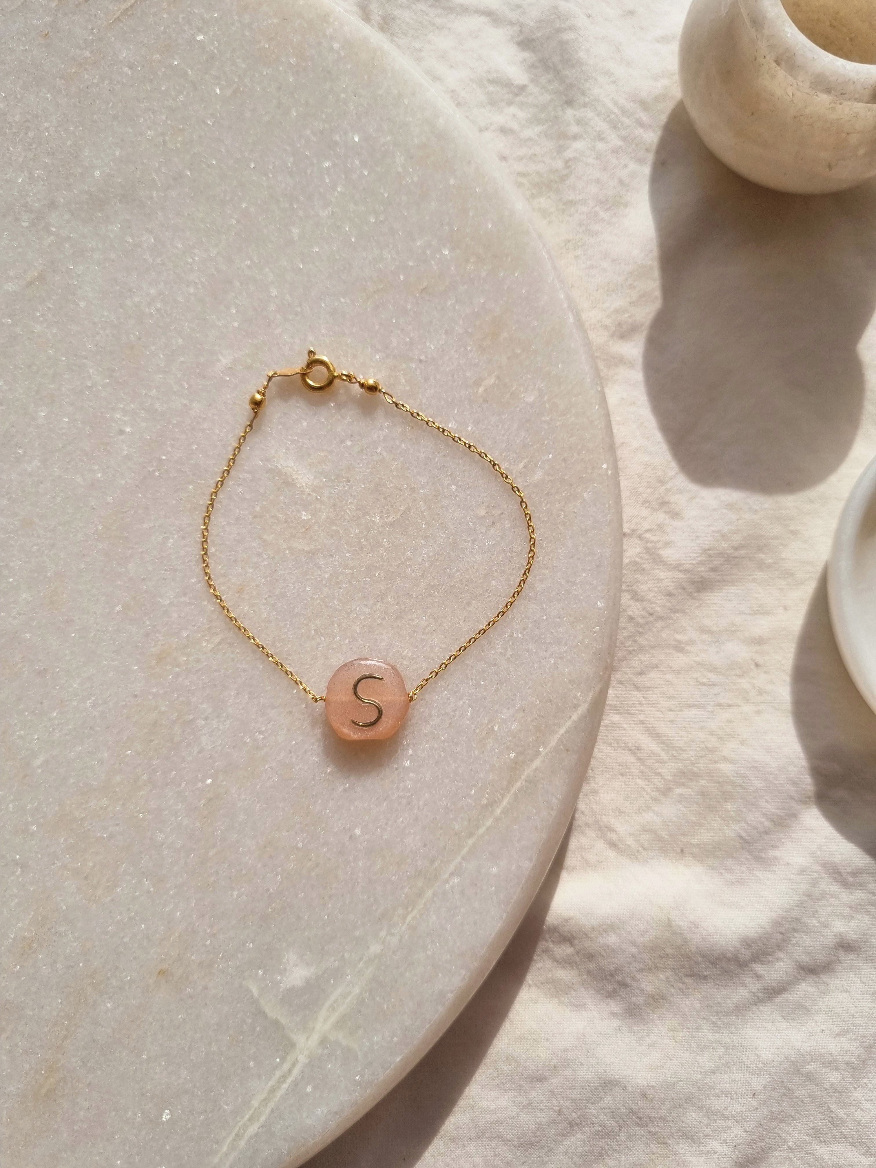 medaya - Peach Moonstone Pebble with Embossed Initial Bracelet