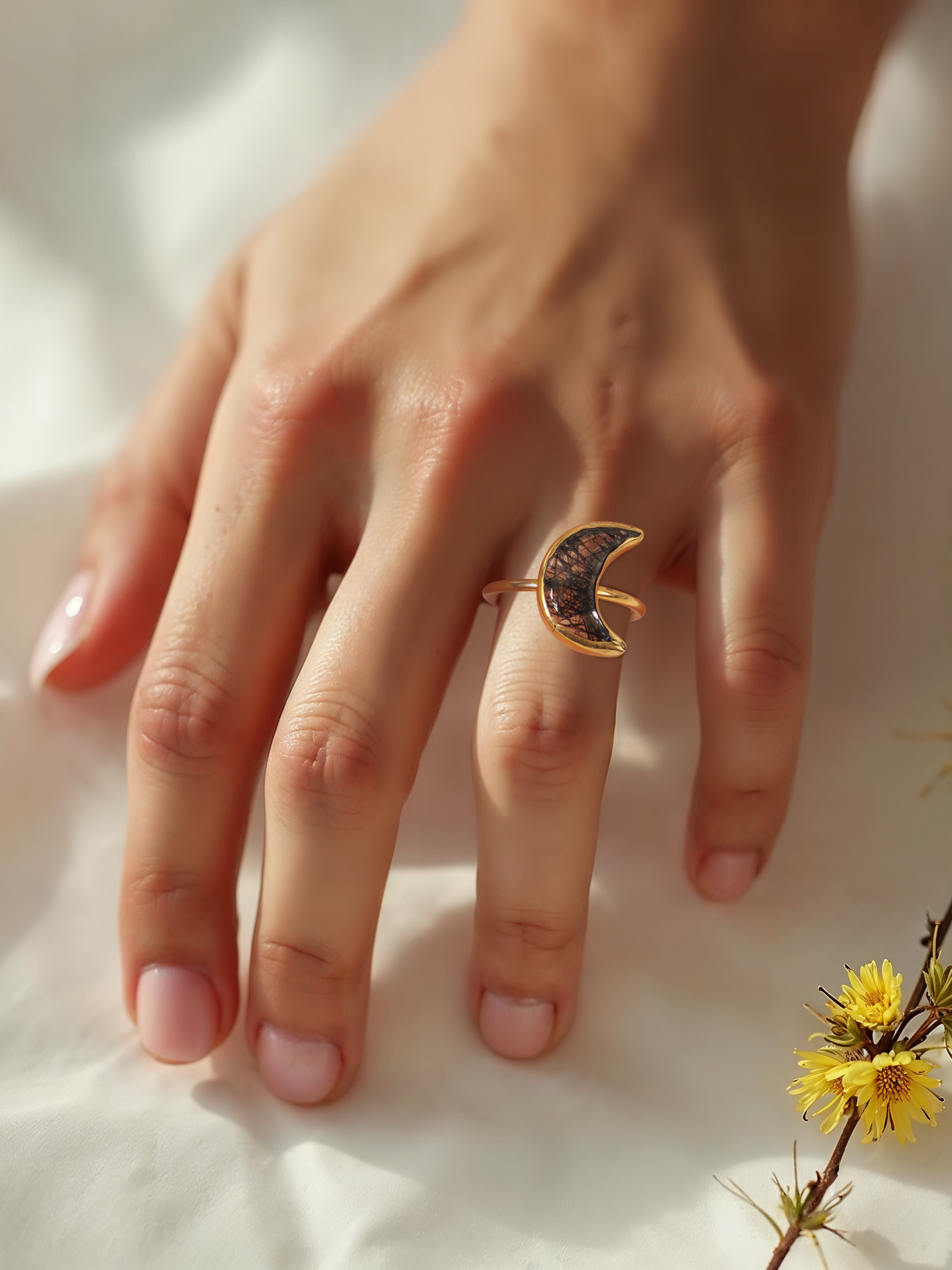 chandra - Black Rutilated Quartz Luna Ring