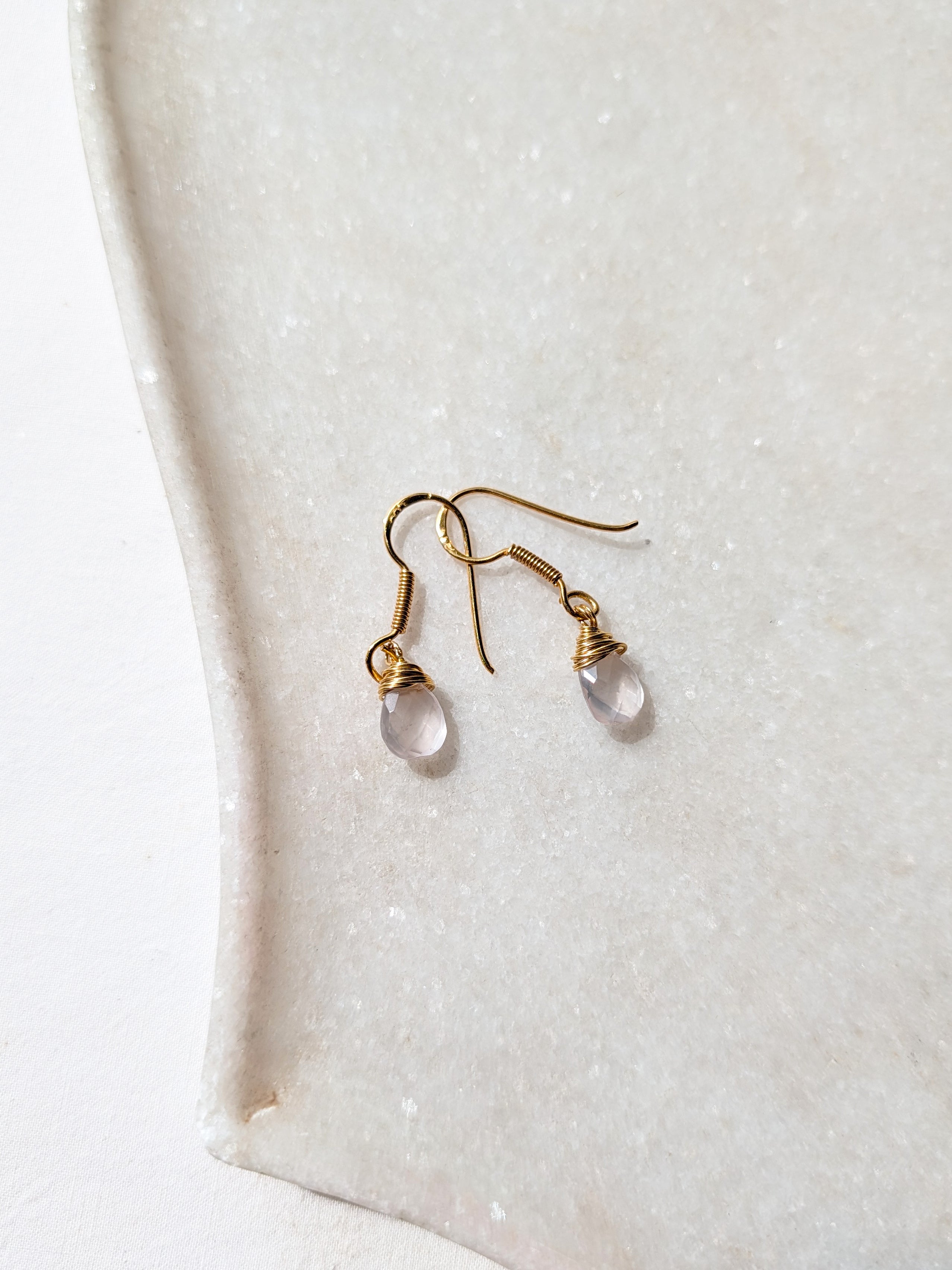 uyam - Rose Quartz Almond Drop wire wrapped Earrings