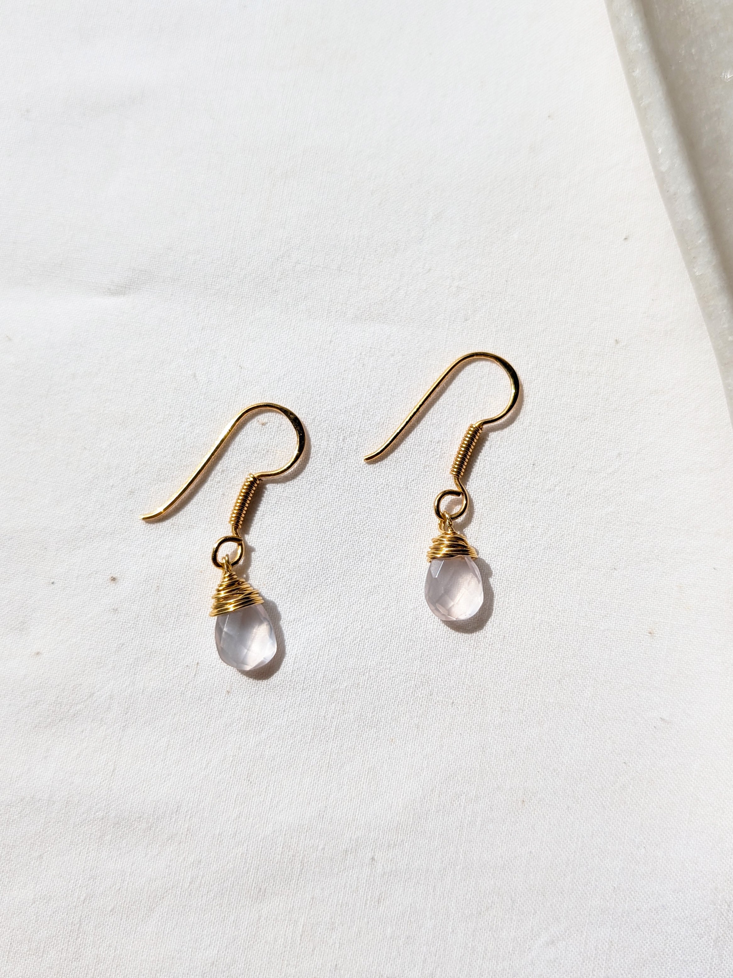 uyam - Rose Quartz Almond Drop wire wrapped Earrings