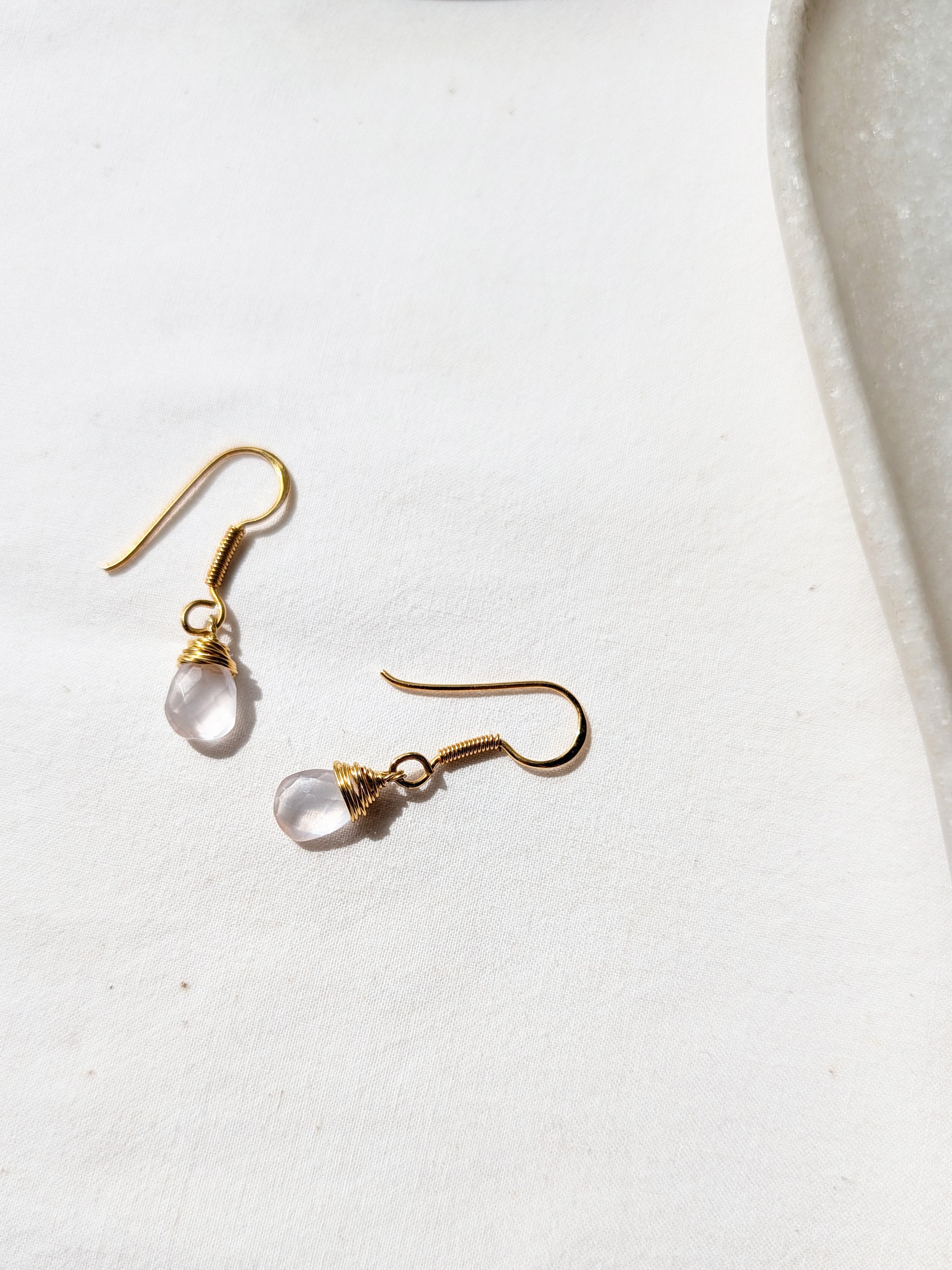 uyam - Rose Quartz Almond Drop wire wrapped Earrings