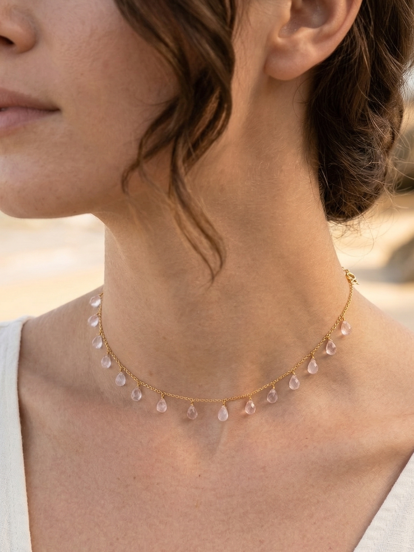 visna - Rose Quartz Tear shaped Drop Choker