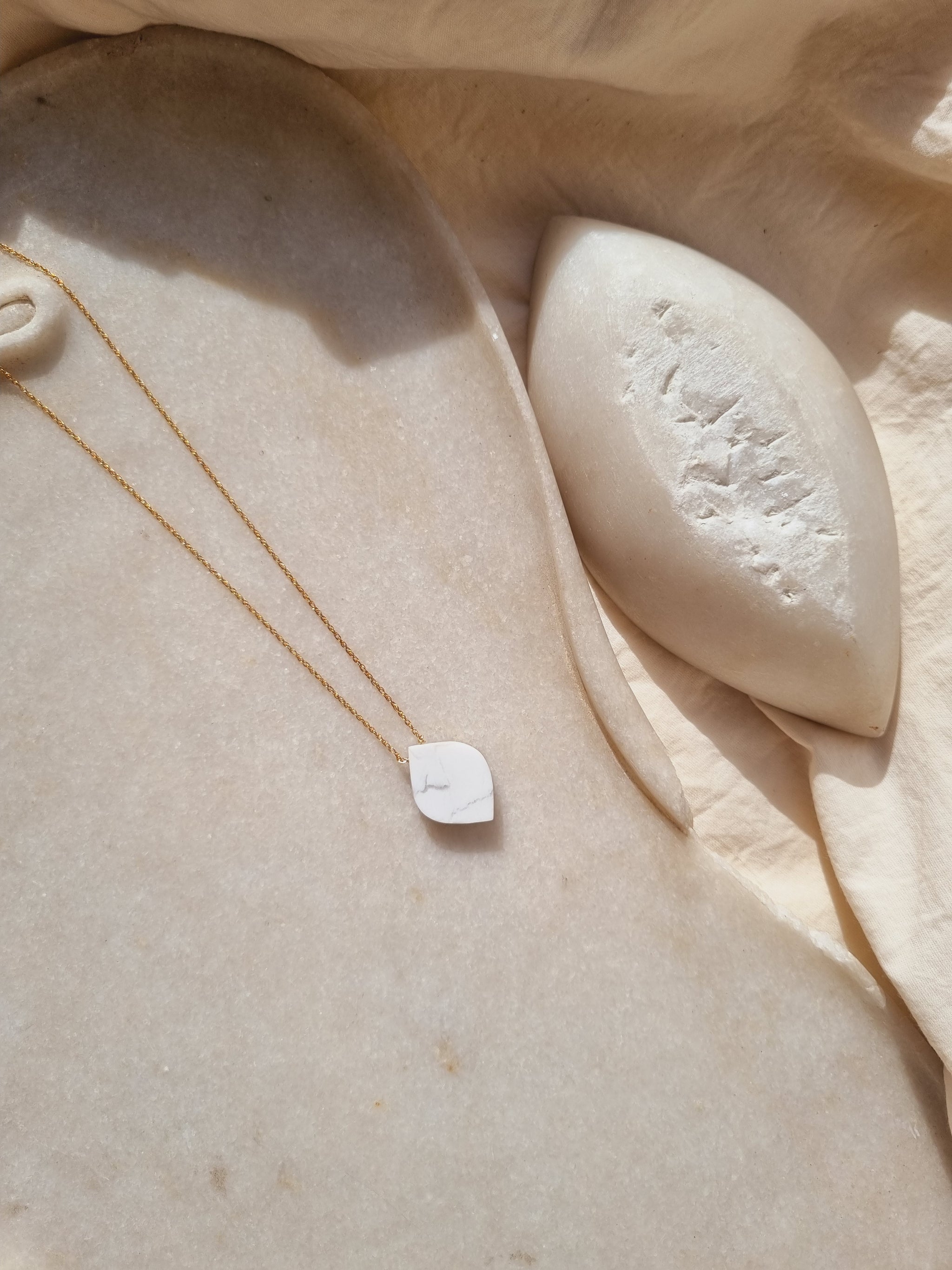 White Howlite Leaf Pendant Silver chain Jewelry